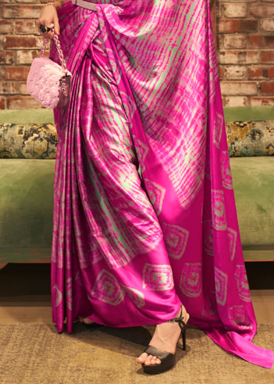 Hot Pink Satin Silk Printed Saree