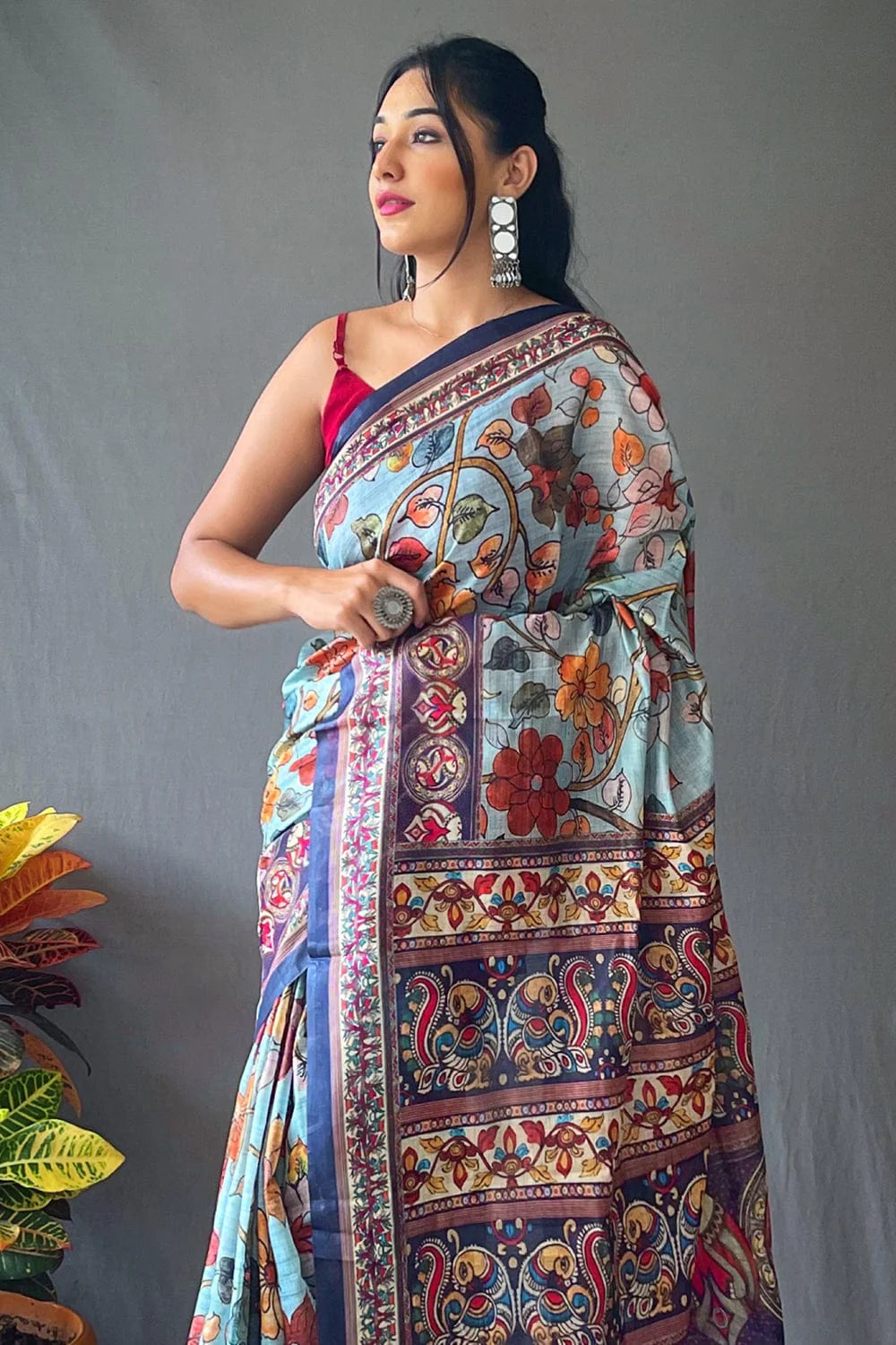 SKY BLUE KALAMKARI PRINTED SOFT COTTON SAREE