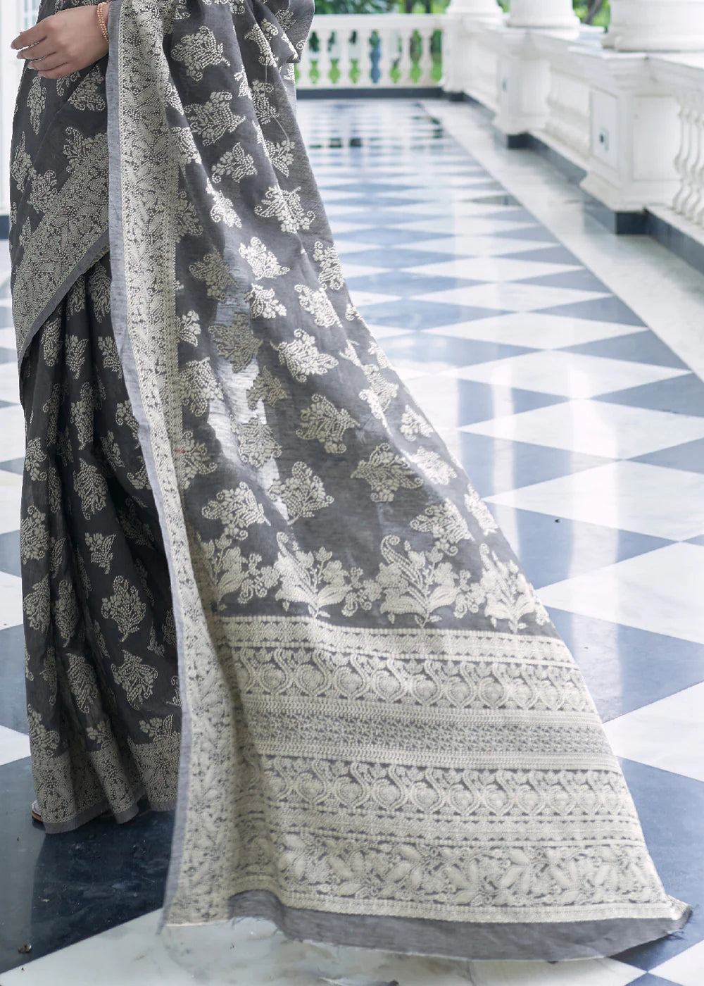 Grey Lucknowi Chikankari Cotton Princess Saree