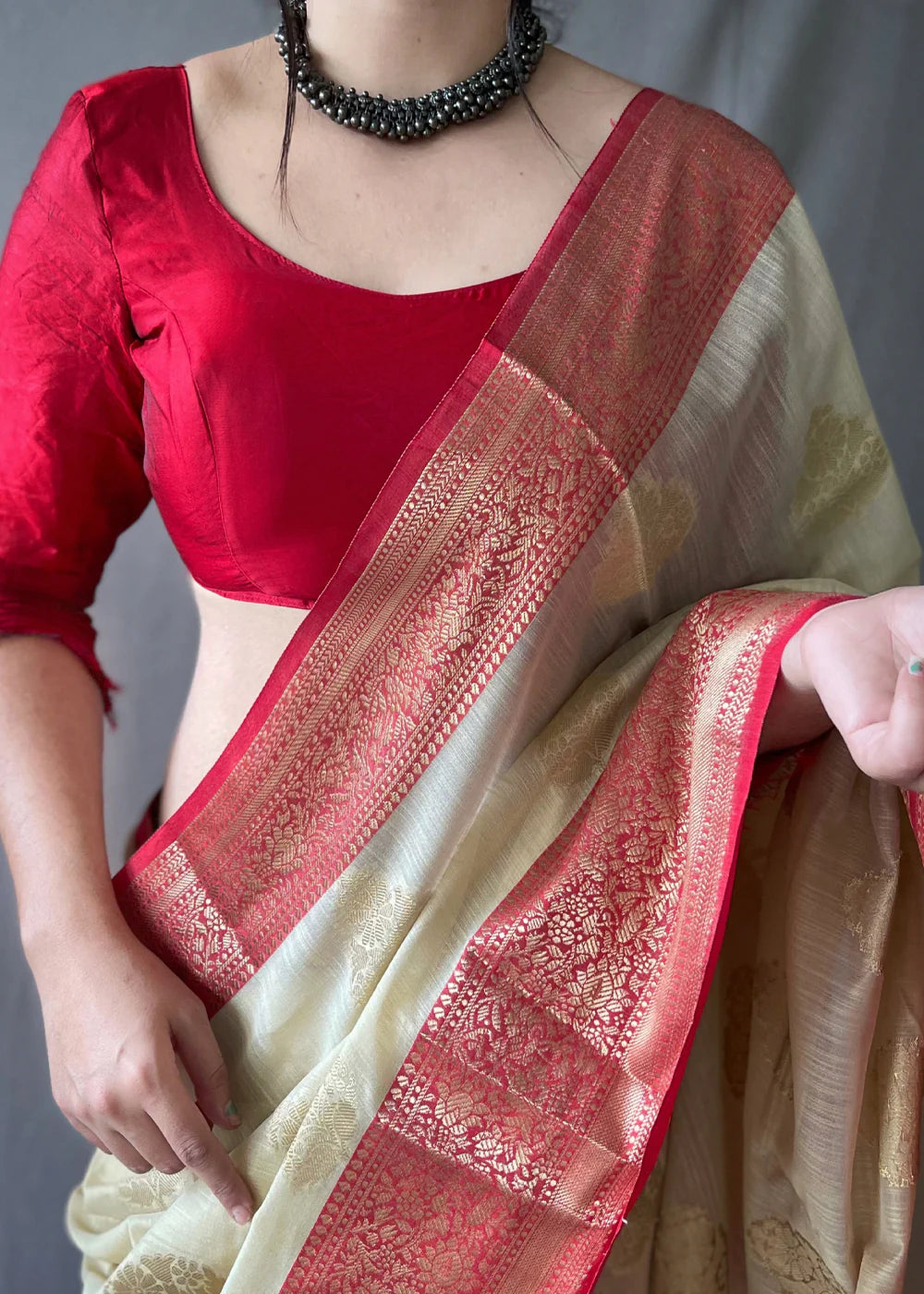 WHEAT BROWN Linen  Banarasi Silk Saree