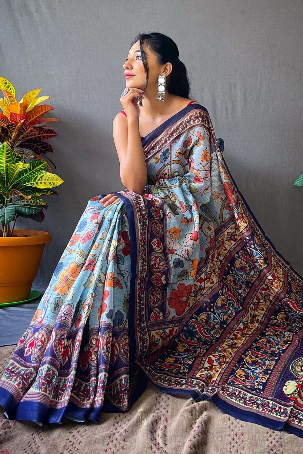 SKY BLUE KALAMKARI PRINTED SOFT COTTON SAREE