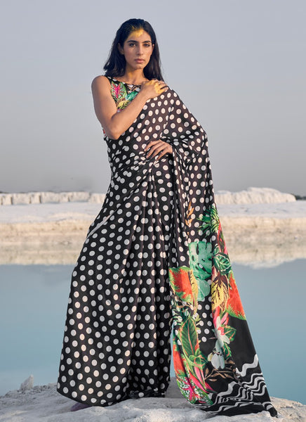 Fabulous Black Color Satin Designer Contemporary Style Saree