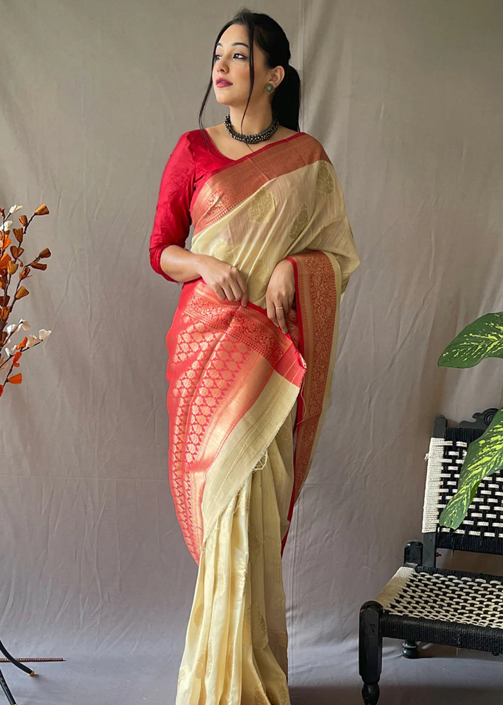 WHEAT BROWN Linen  Banarasi Silk Saree