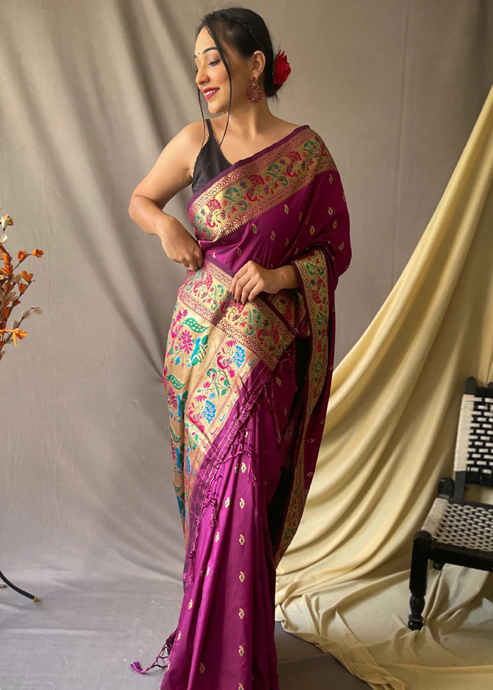 EGGPLANT Purple Woven Paithani Silk Saree