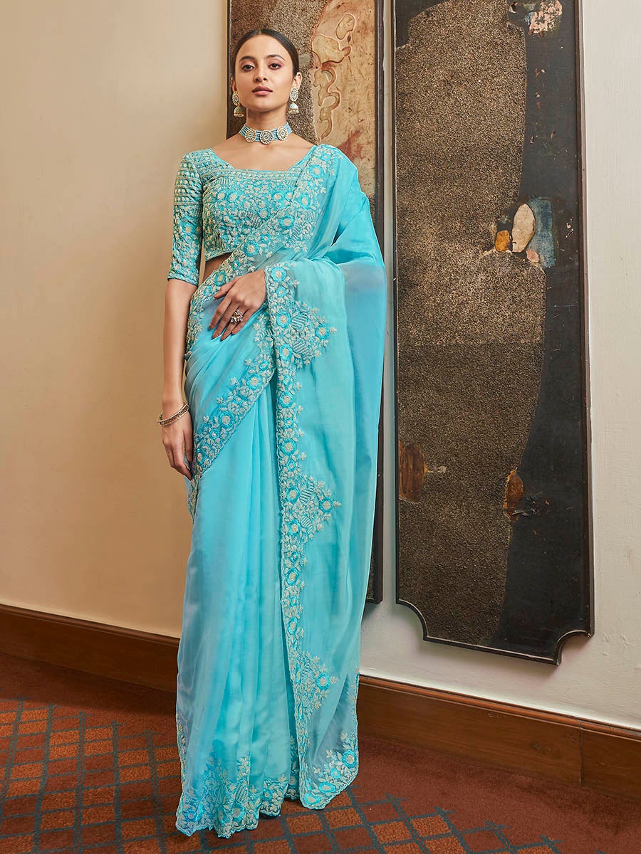 Blue ORGANZA SAREE WITH RESHAM, SEQUINS  CUT-WORK