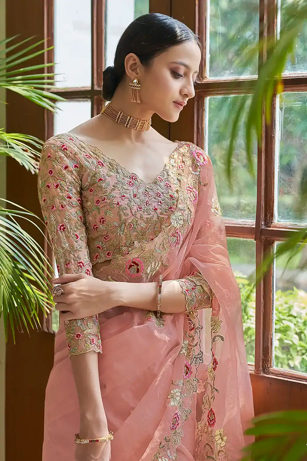 Peach ORGANZA SAREE WITH DORI, SEQUINS & CUT-WORK