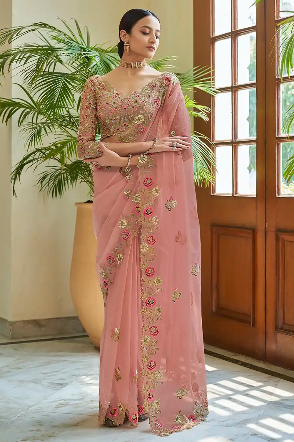 Peach ORGANZA SAREE WITH DORI, SEQUINS & CUT-WORK