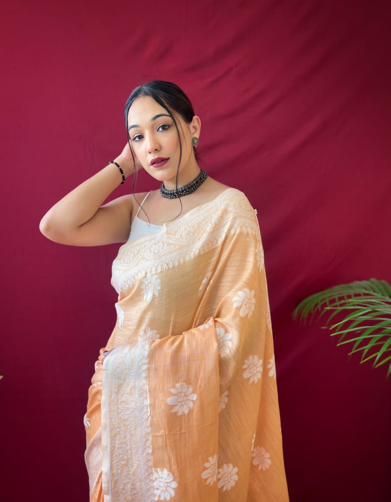 SALMON ORANGE Linen Saree