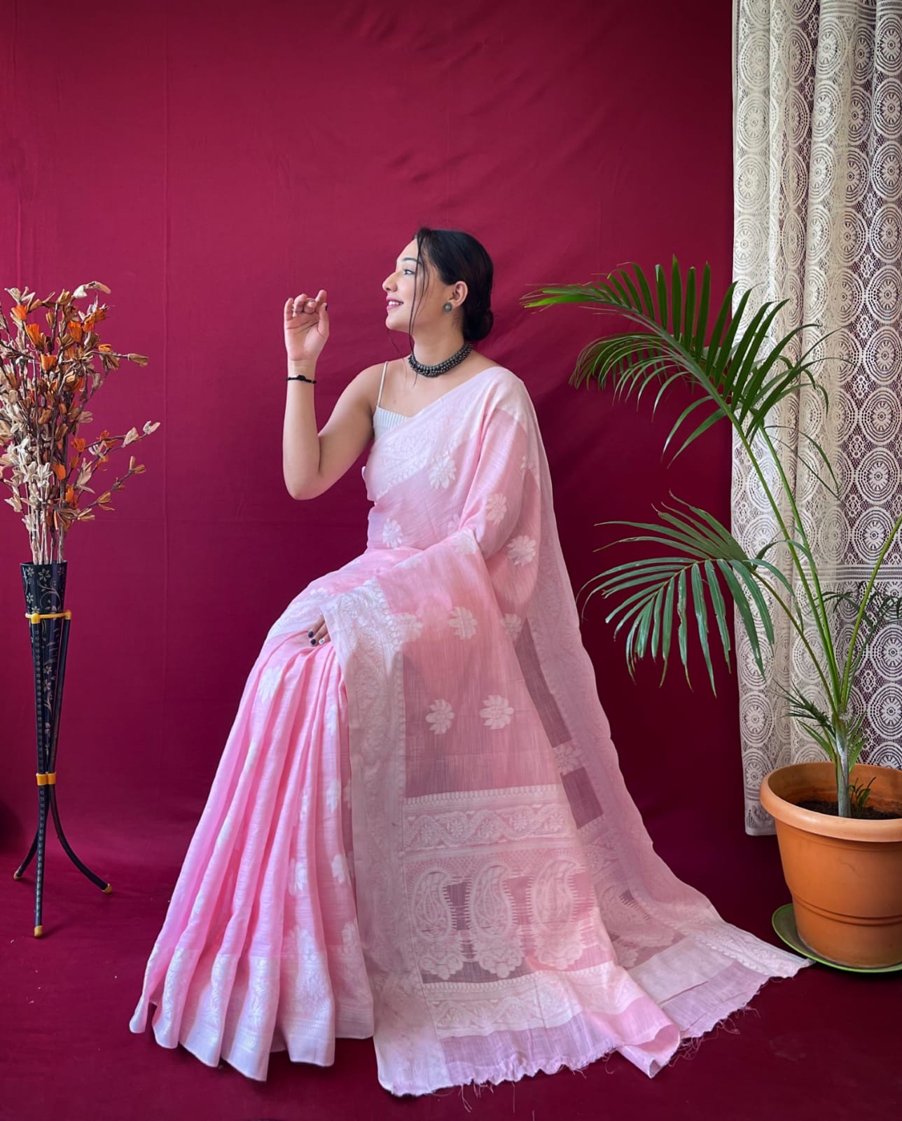 BLUSH PINK Linen Saree