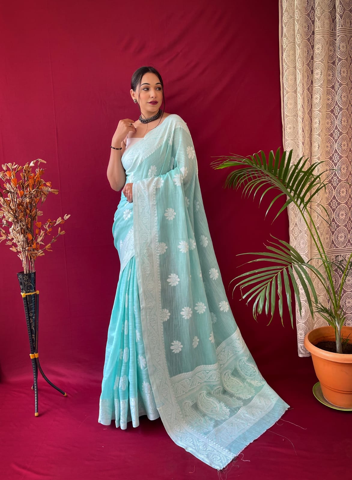 sky blue Linen Saree