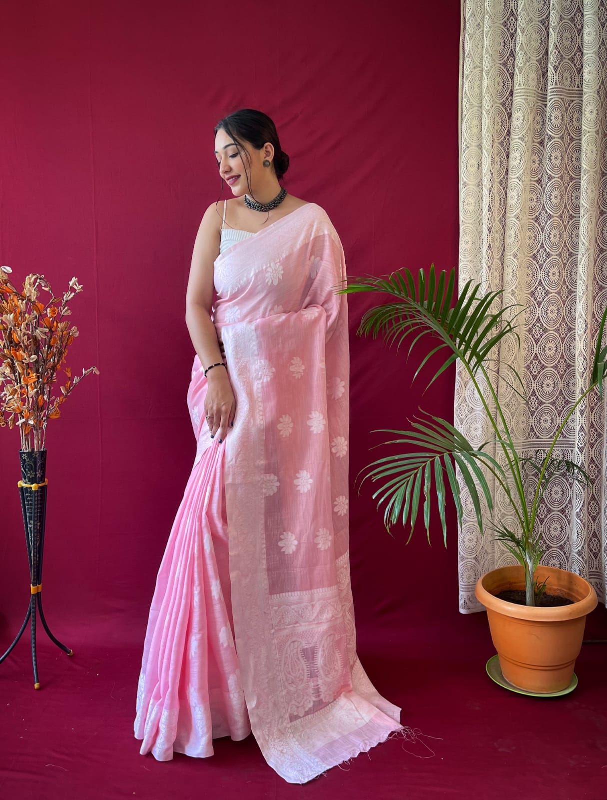 BLUSH PINK Linen Saree