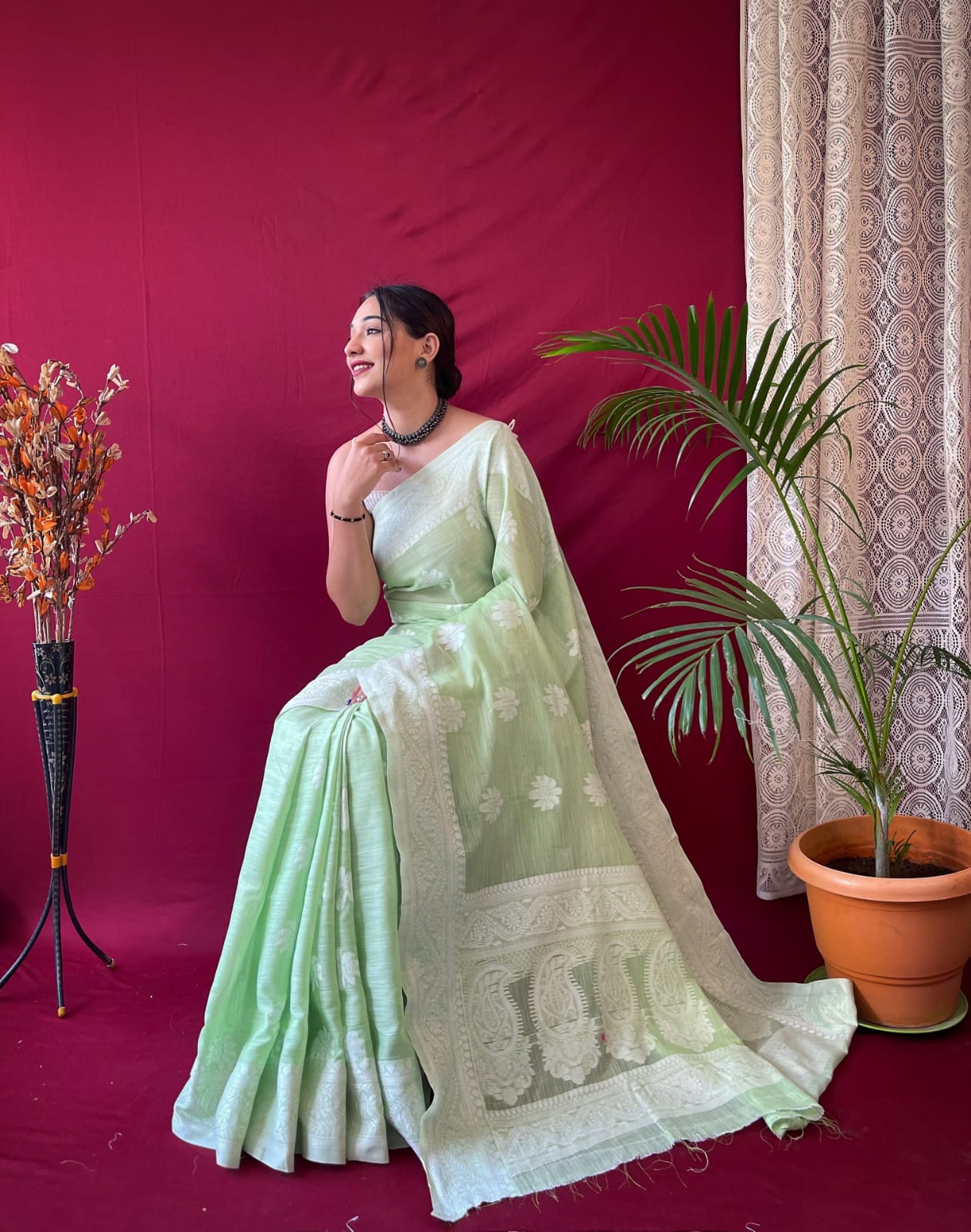 CYAN GREEN Linen Saree