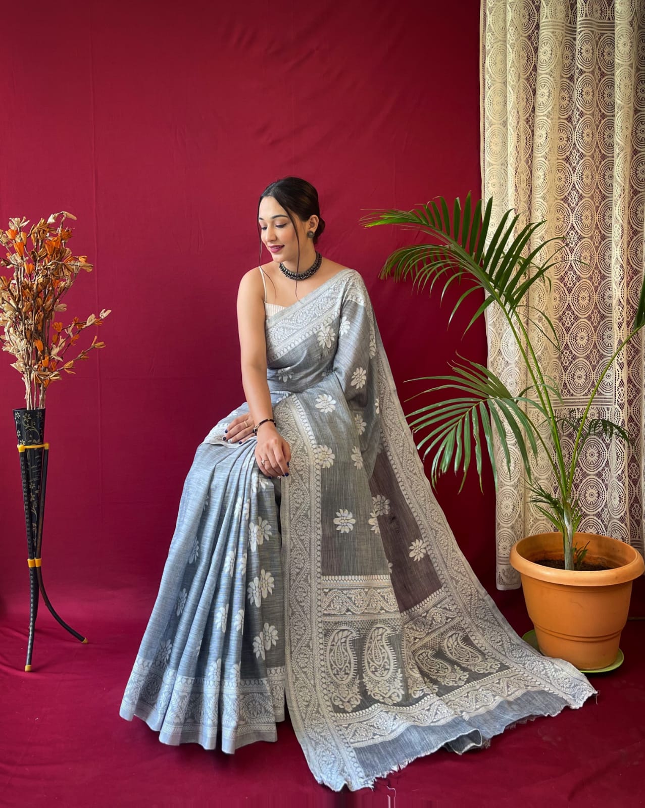 stone grey Linen Saree