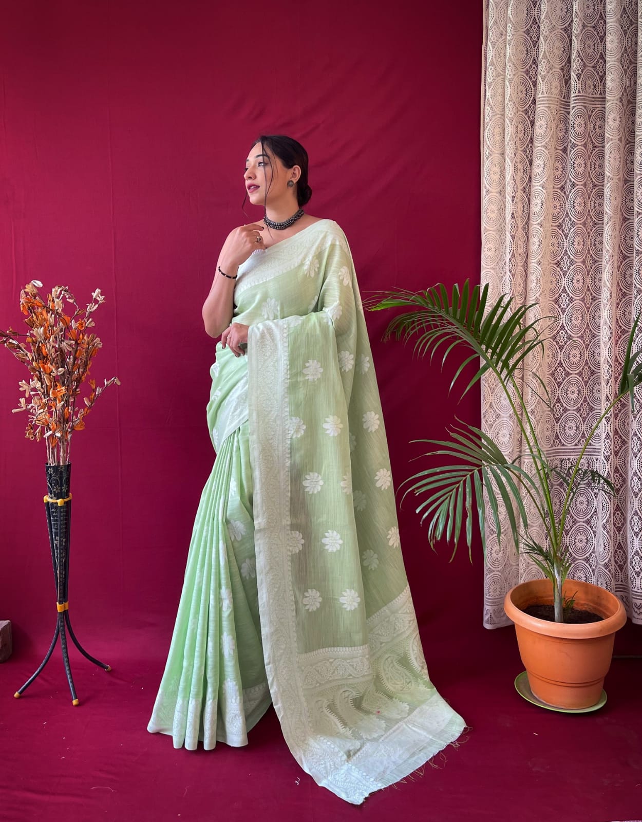 CYAN GREEN Linen Saree