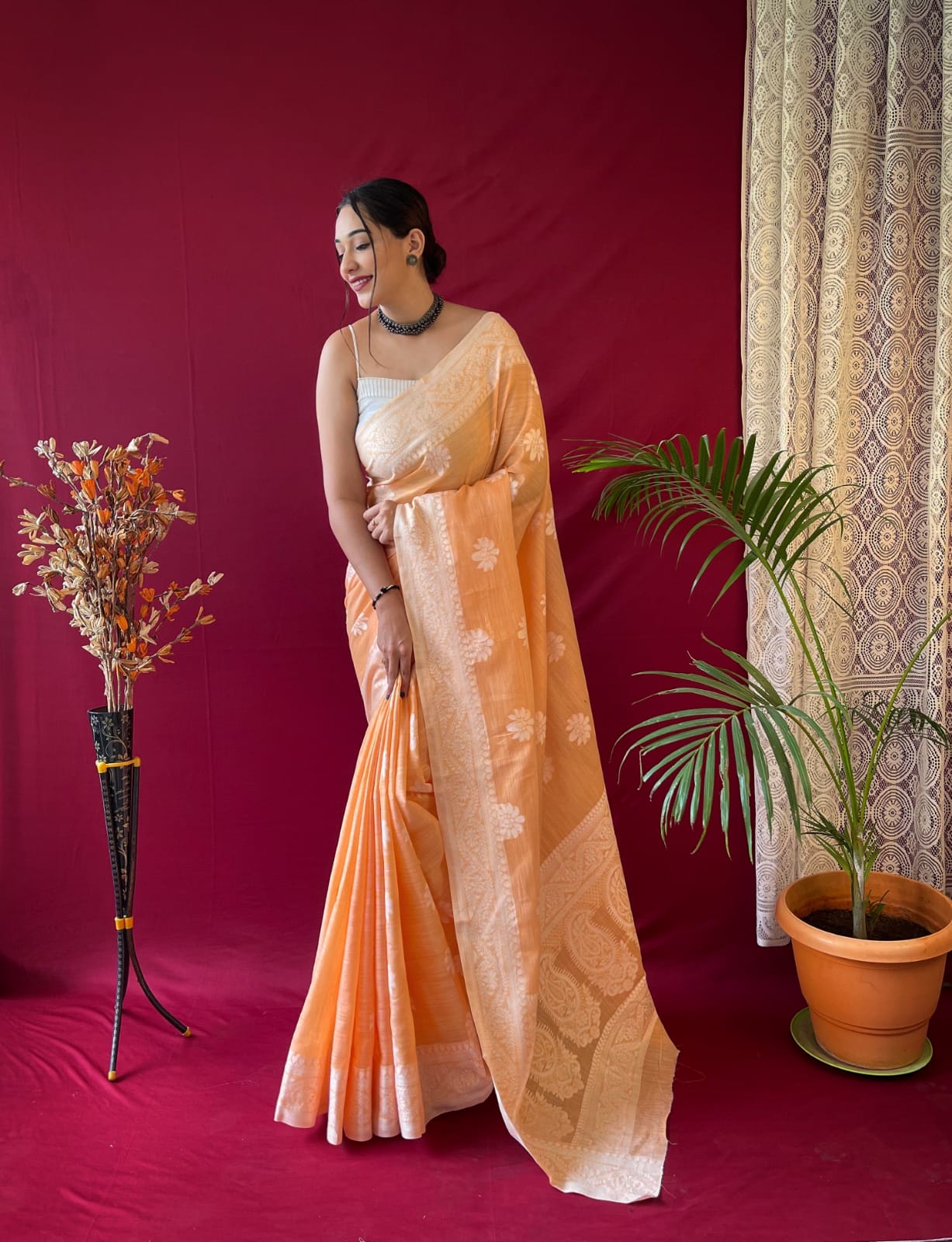 SALMON ORANGE Linen Saree