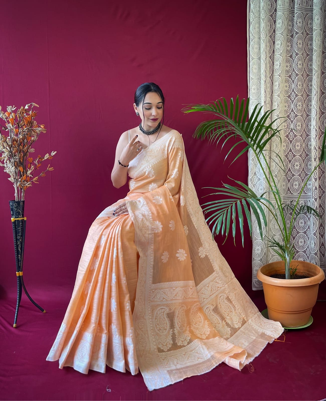 SALMON ORANGE Linen Saree