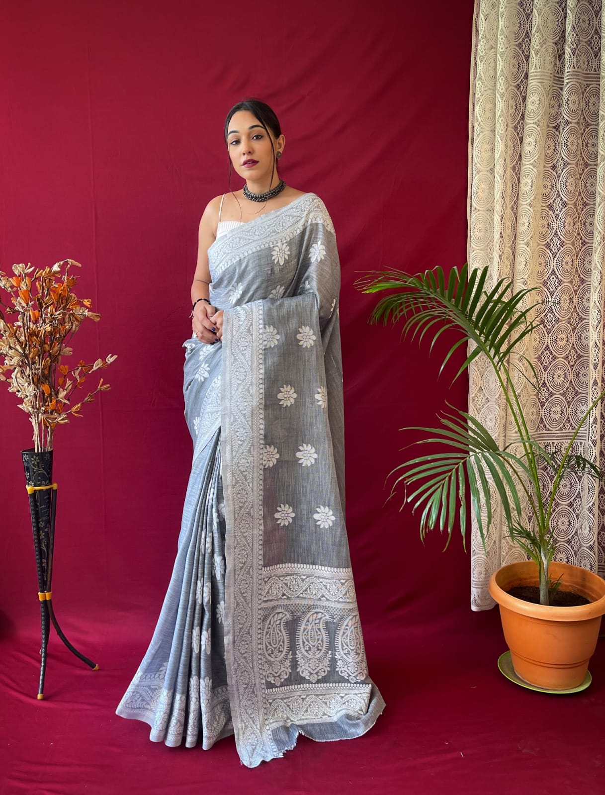 stone grey Linen Saree