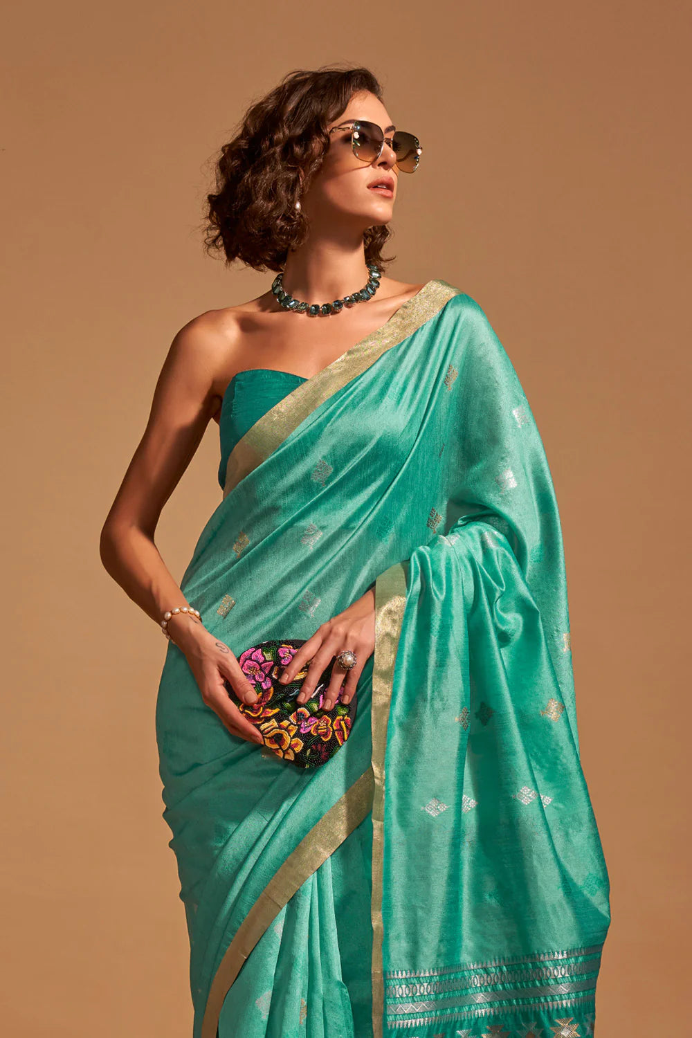 CARIBBEAN GREEN HANDLOOM WOVEN SILK SAREE