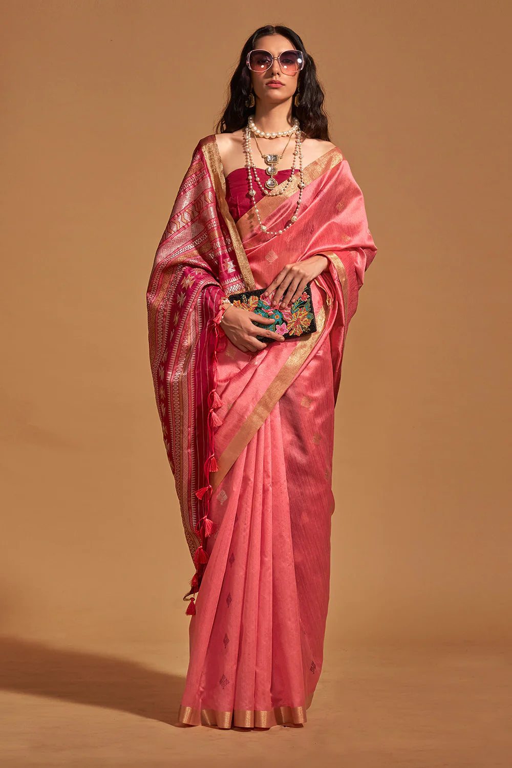 FRENCH ROSE PINK HANDLOOM WOVEN SILK SAREE