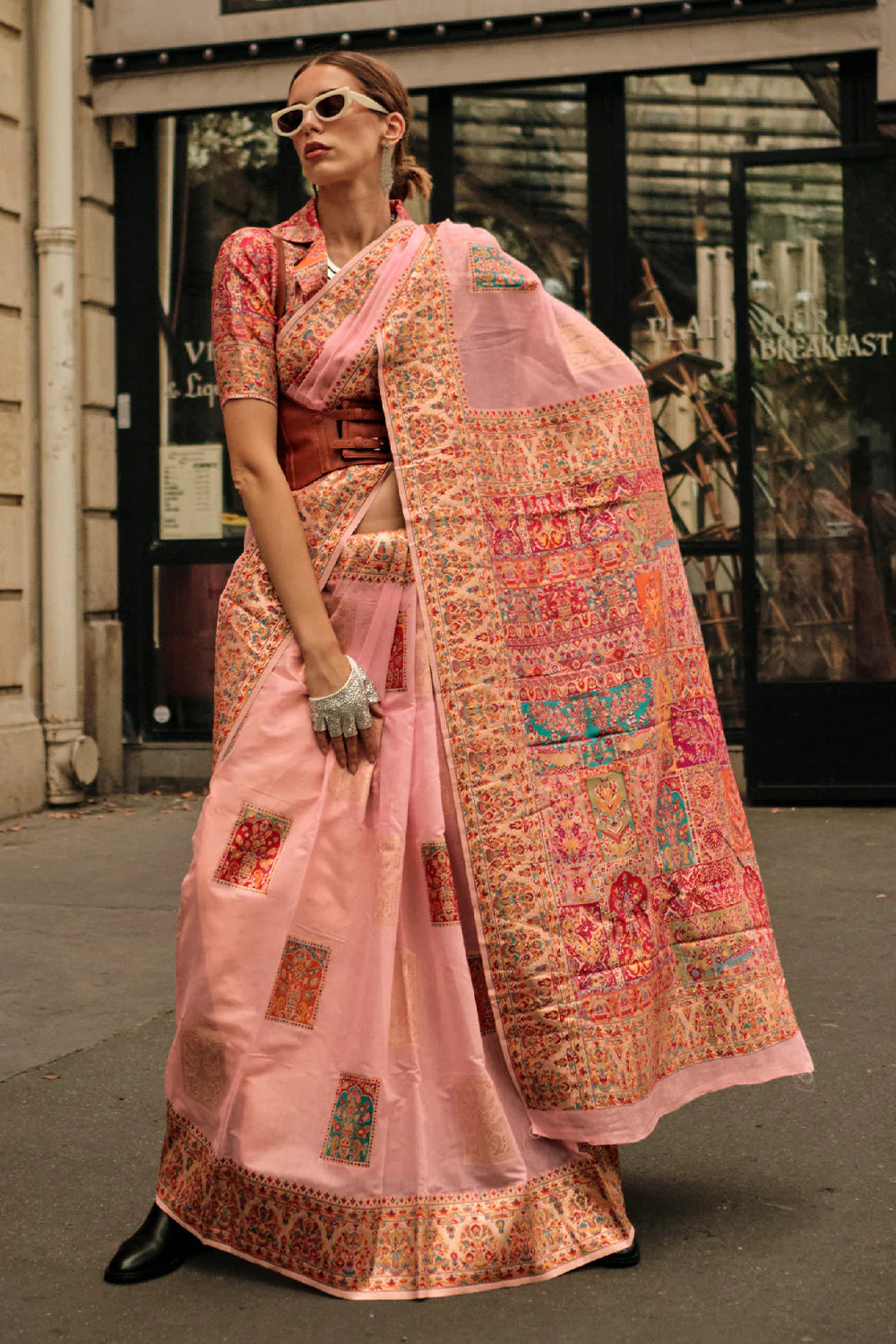 BLUSH PINK KASHMIRI HANDLOOM WEAVING SILK SAREE