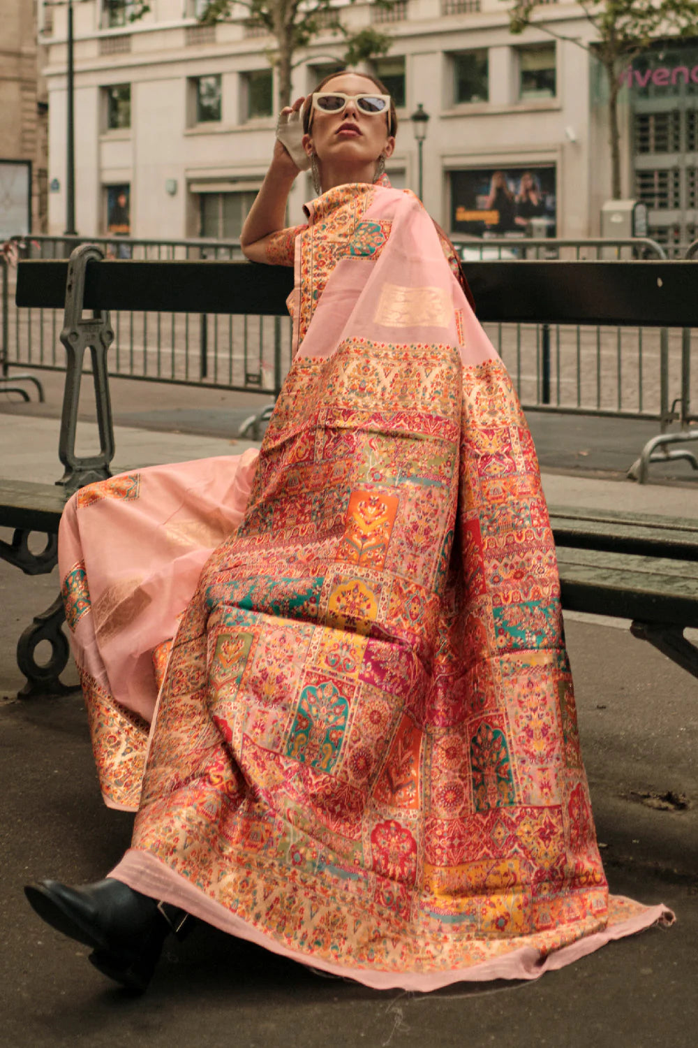 BLUSH PINK KASHMIRI HANDLOOM WEAVING SILK SAREE