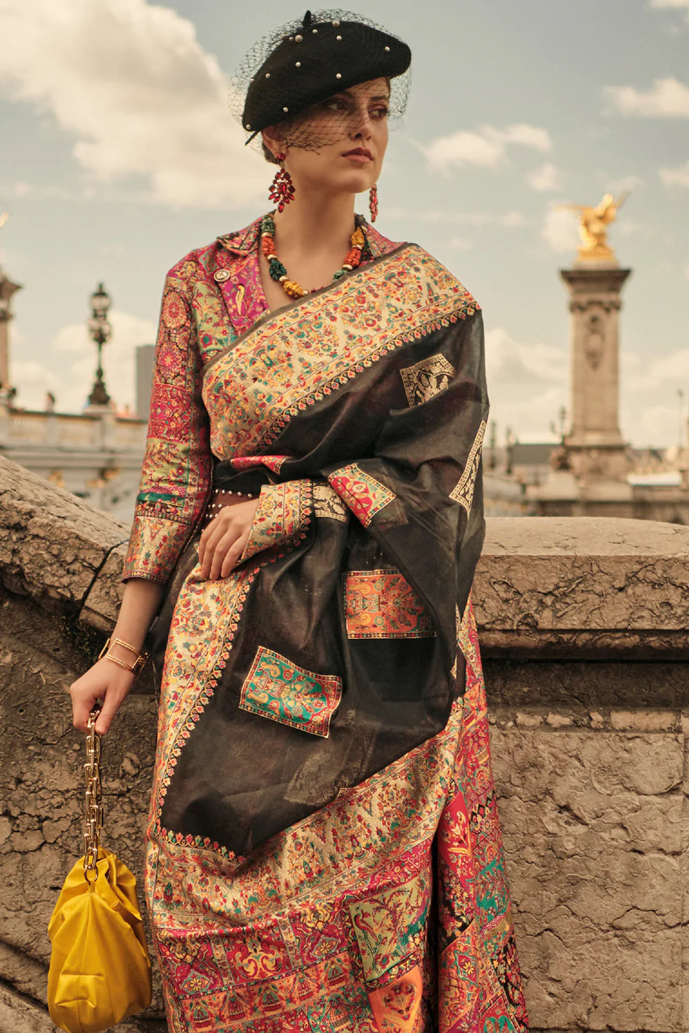 EBONY BLACK KASHMIRI HANDLOOM WEAVING SILK SAREE