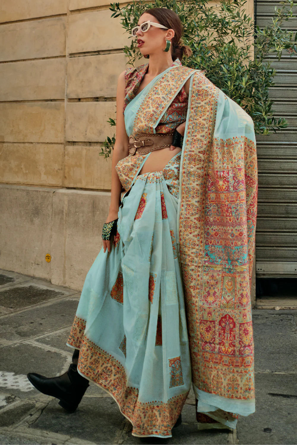 SHADES OF BLUE KASHMIRI HANDLOOM WEAVING SILK SAREE