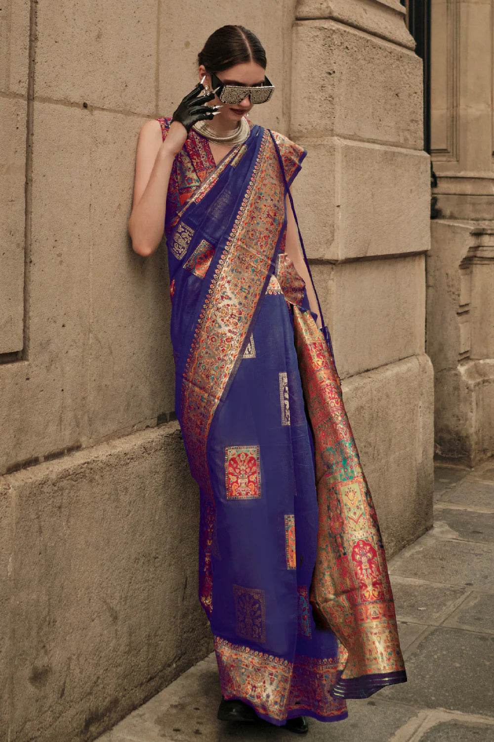 NAVY BLUE KASHMIRI HANDLOOM WEAVING SILK SAREE