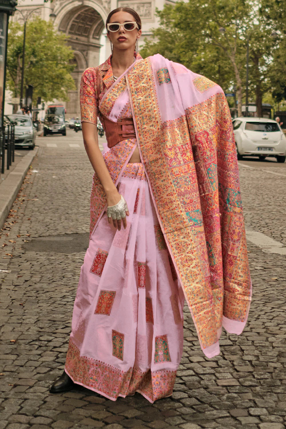 BABY PINK KASHMIRI HANDLOOM WEAVING SILK SAREE