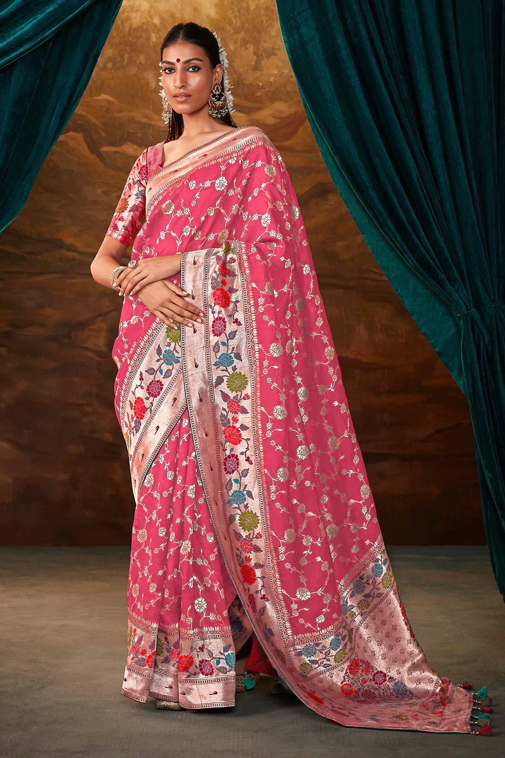 RUBY PINK Woven Paithani Banarasi Soft Silk Saree