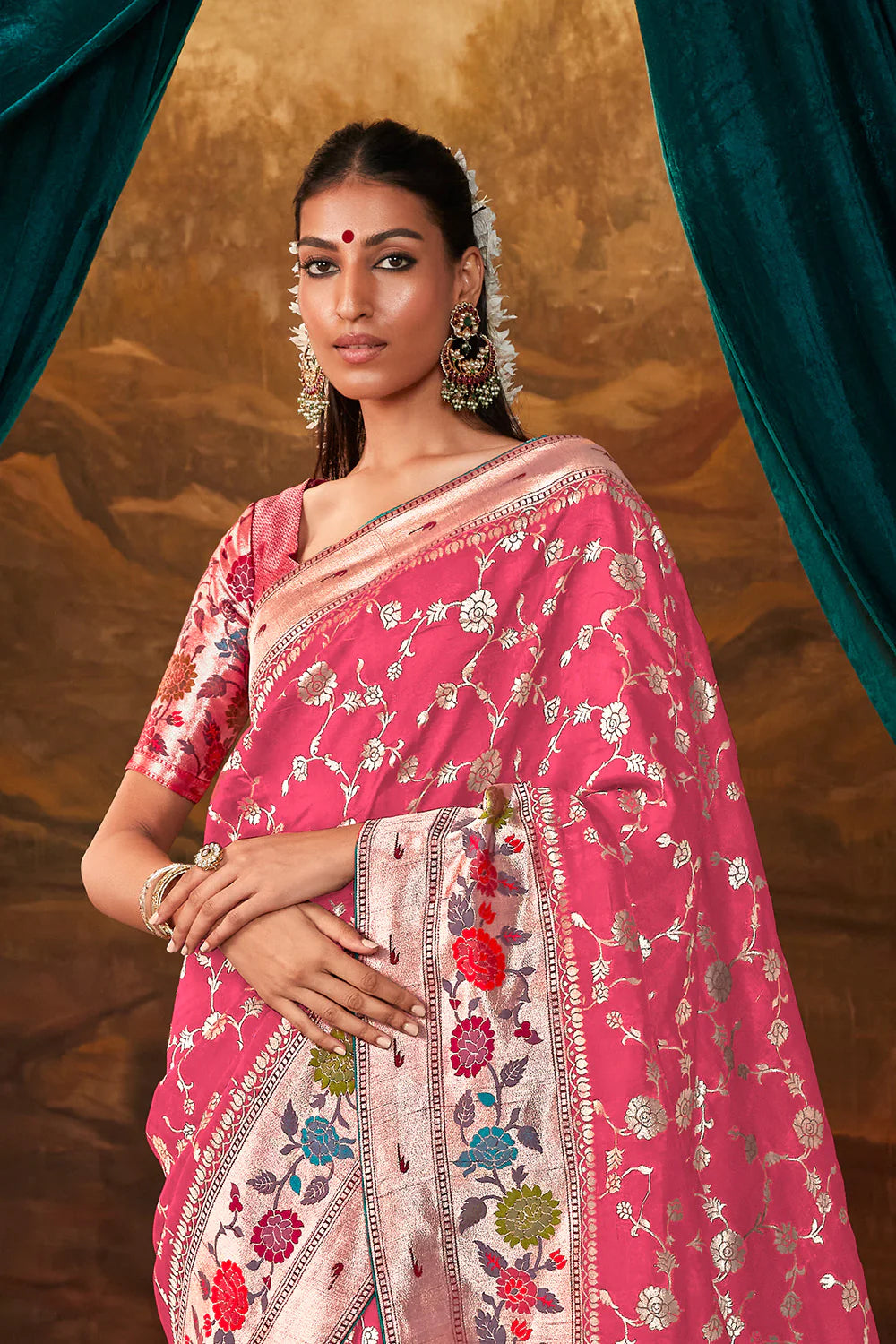 RUBY PINK Woven Paithani Banarasi Soft Silk Saree