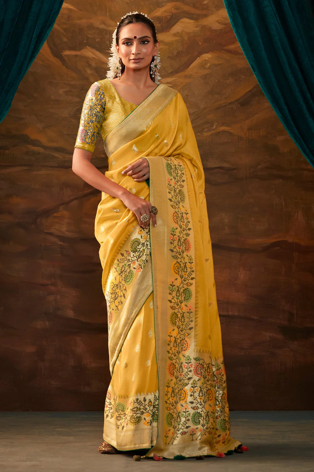 AUREOLIN YELLOW Woven Paithani Banarasi Soft Silk Saree