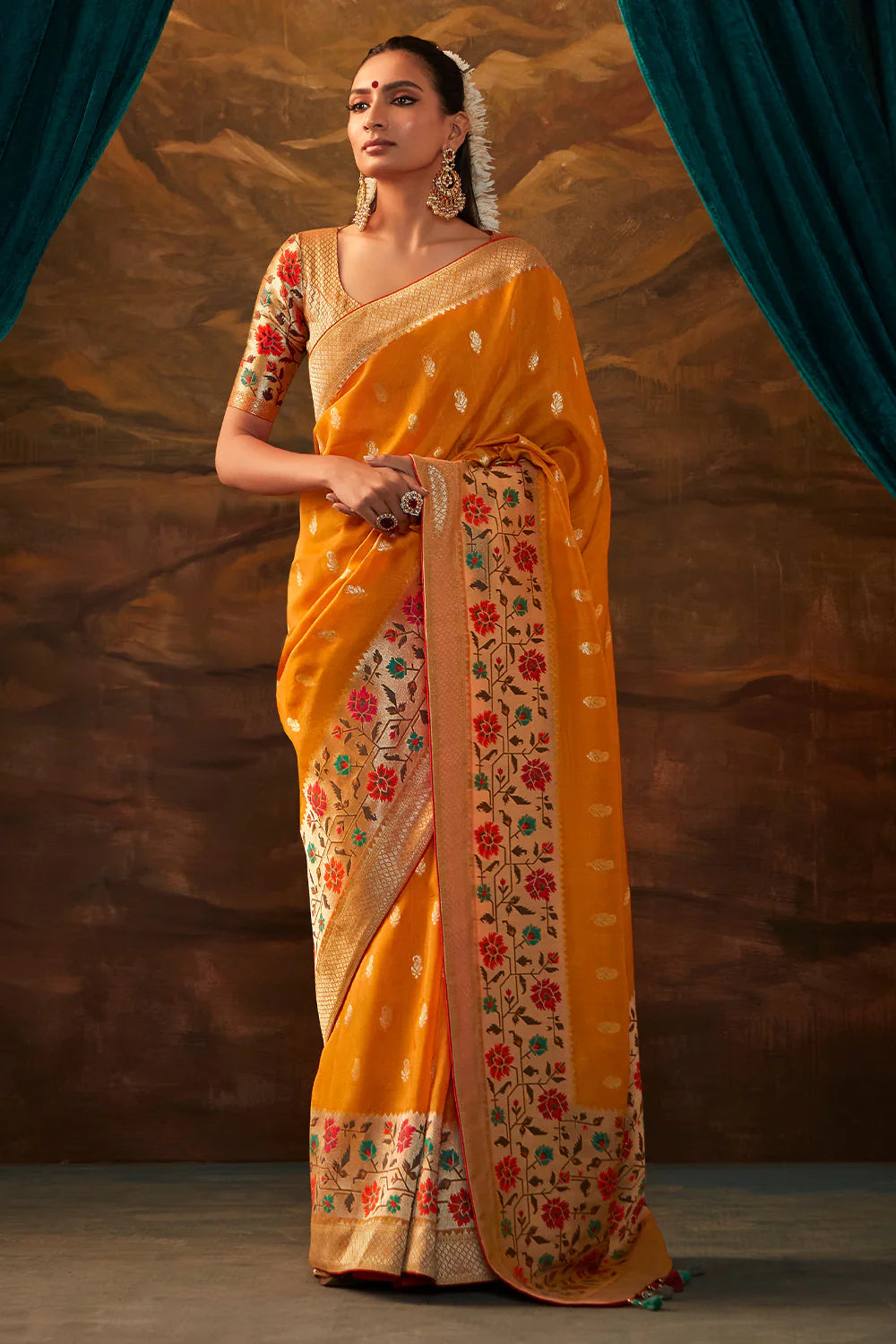 TANGERINE ORANGE Woven Paithani Banarasi Soft Silk Saree