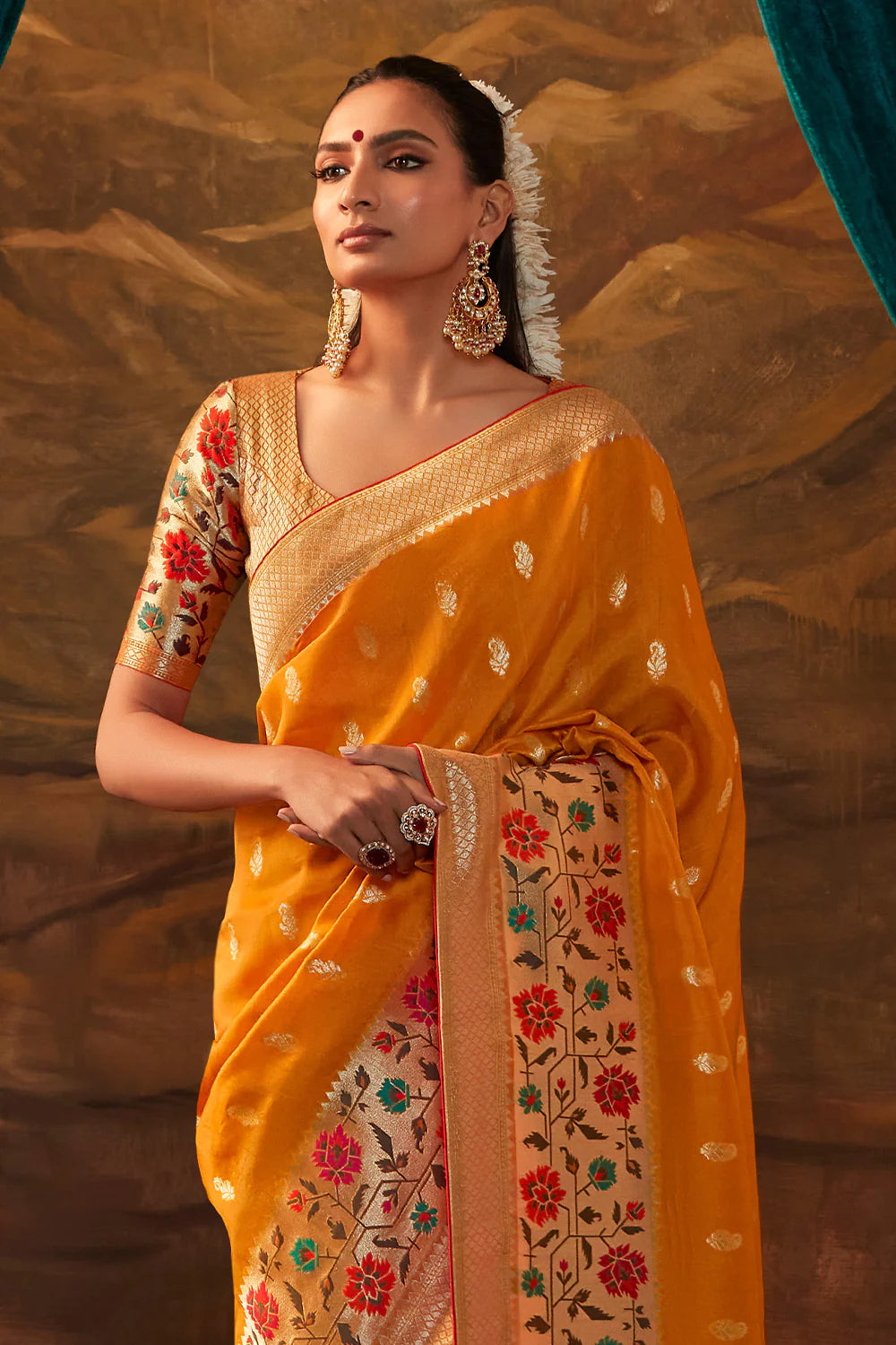 TANGERINE ORANGE Woven Paithani Banarasi Soft Silk Saree