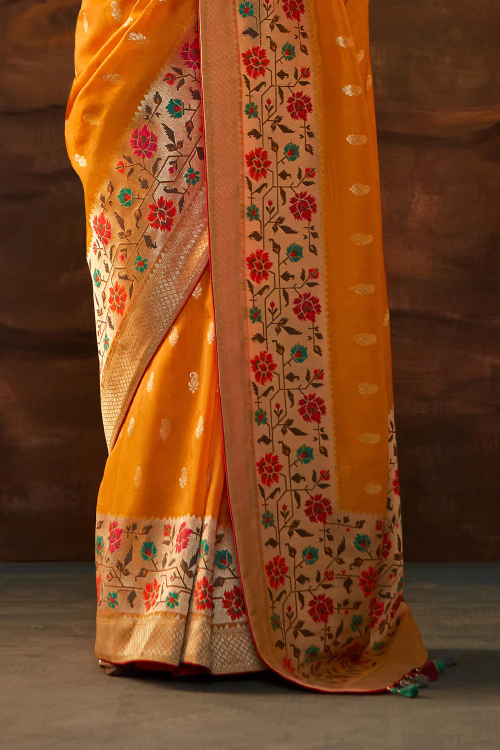 TANGERINE ORANGE Woven Paithani Banarasi Soft Silk Saree