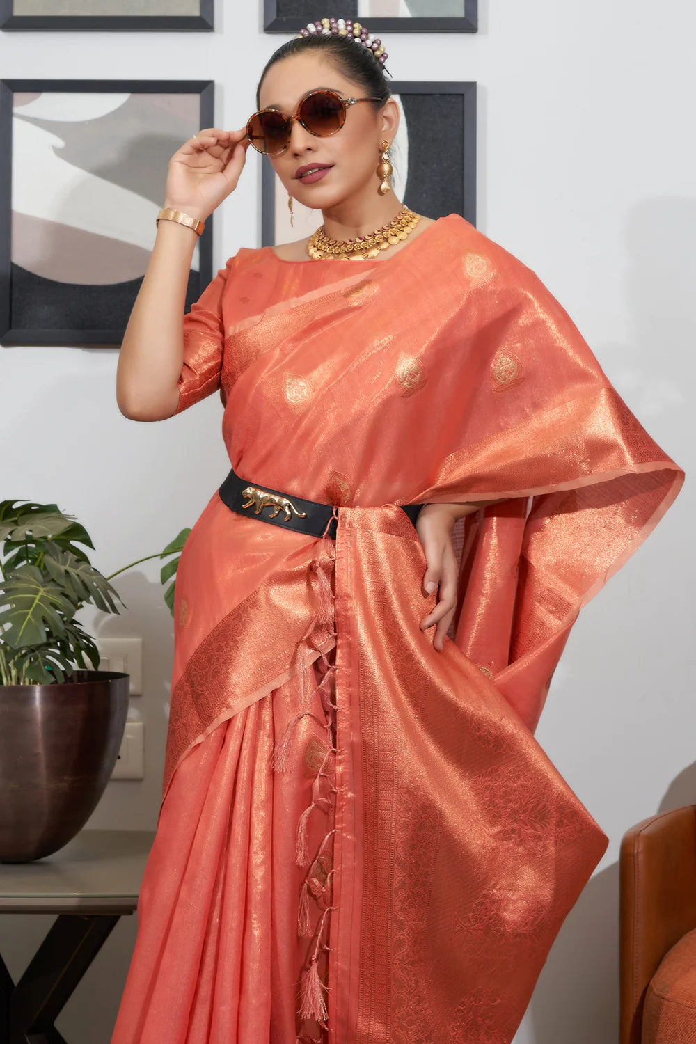 PEACH TISSUE SILK SAREE WITH COPPER, GOLD AND SILVER ZARI WEAVING