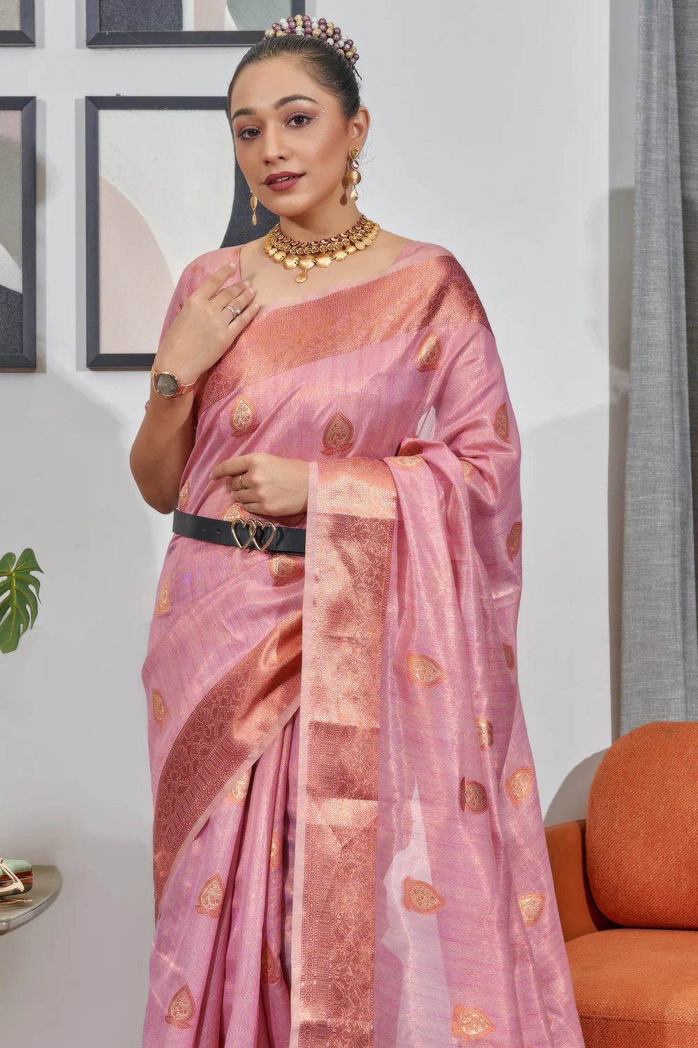 BABY PINK TISSUE SILK SAREE WITH COPPER, GOLD AND SILVER ZARI WEAVING