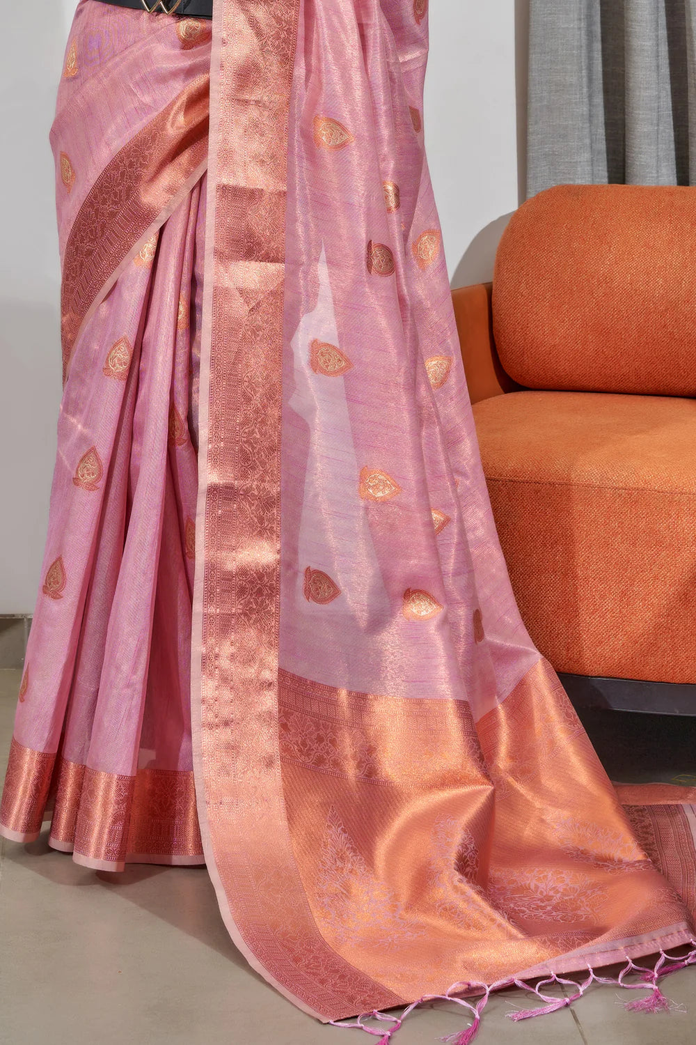 BABY PINK TISSUE SILK SAREE WITH COPPER, GOLD AND SILVER ZARI WEAVING