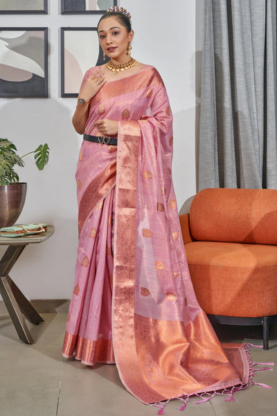 BABY PINK TISSUE SILK SAREE WITH COPPER, GOLD AND SILVER ZARI WEAVING