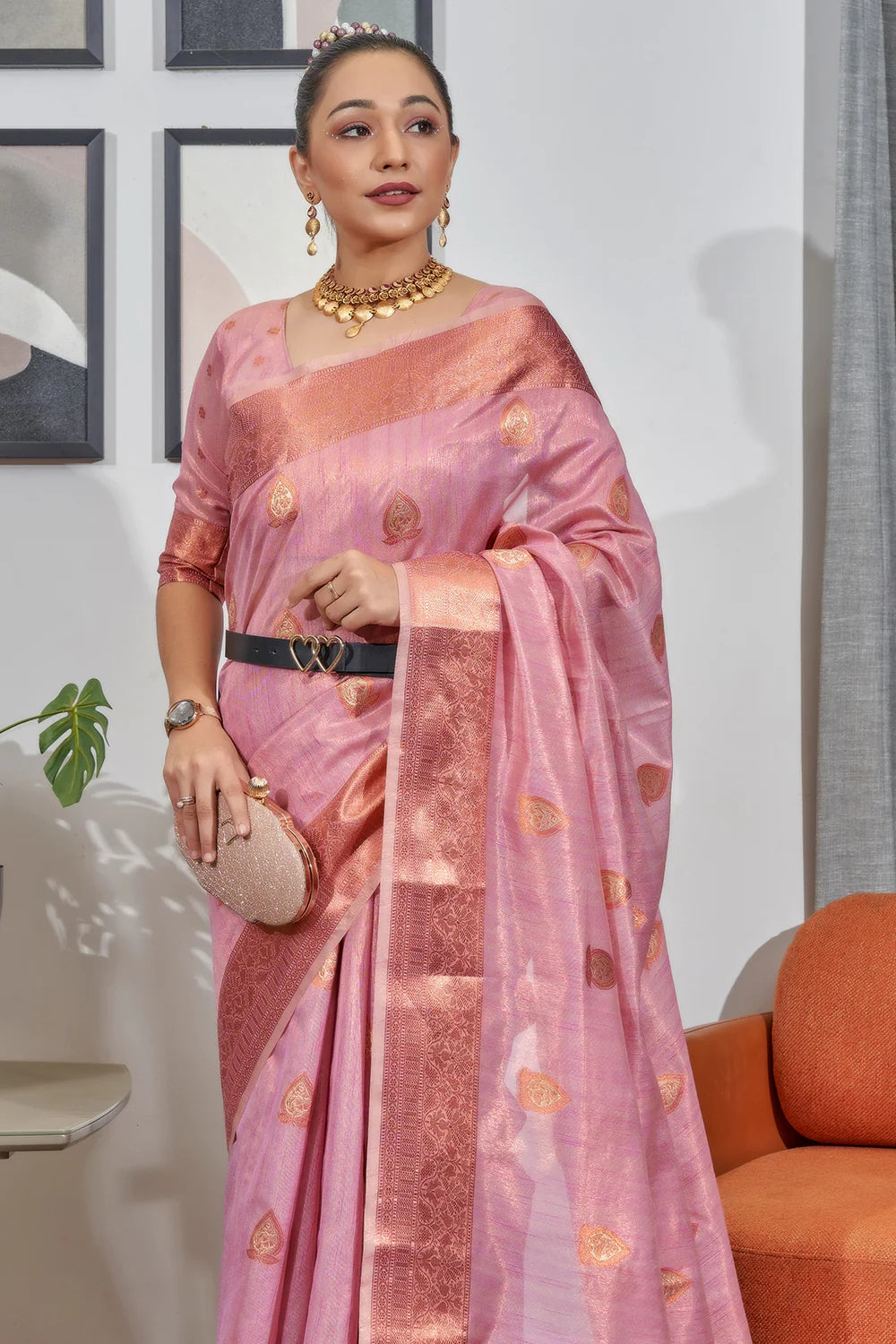 BABY PINK TISSUE SILK SAREE WITH COPPER, GOLD AND SILVER ZARI WEAVING