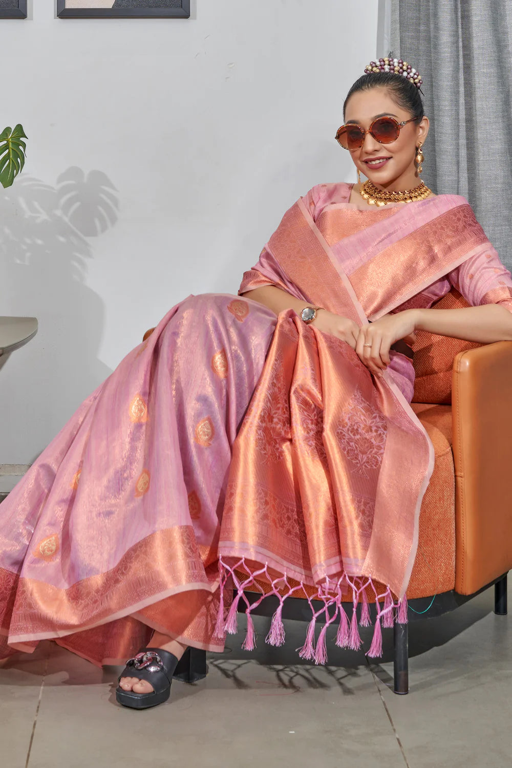 BABY PINK TISSUE SILK SAREE WITH COPPER, GOLD AND SILVER ZARI WEAVING