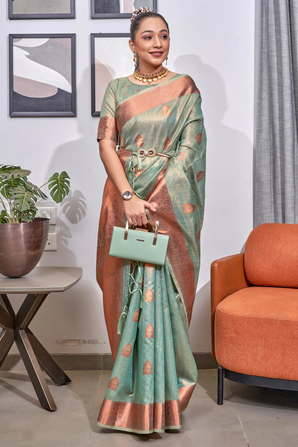 MINT GREEN TISSUE SILK SAREE WITH COPPER, GOLD AND SILVER ZARI WEAVING