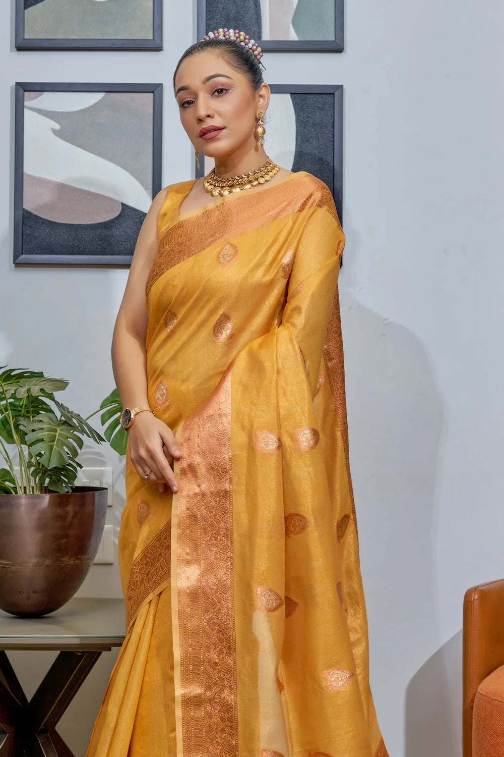 GOLDEN YELLOW TISSUE SILK SAREE WITH COPPER, GOLD AND SILVER ZARI WEAVING