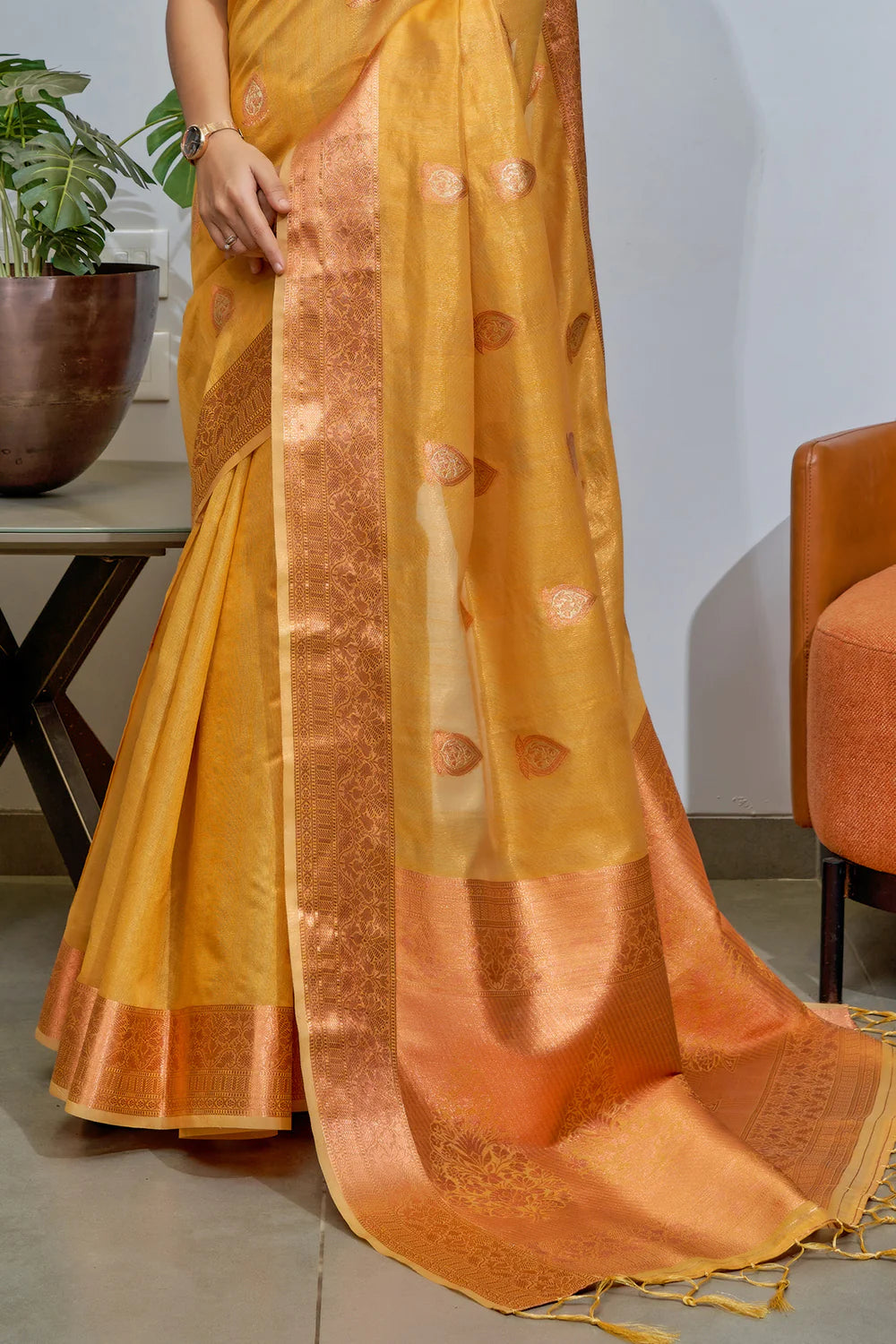 GOLDEN YELLOW TISSUE SILK SAREE WITH COPPER, GOLD AND SILVER ZARI WEAVING