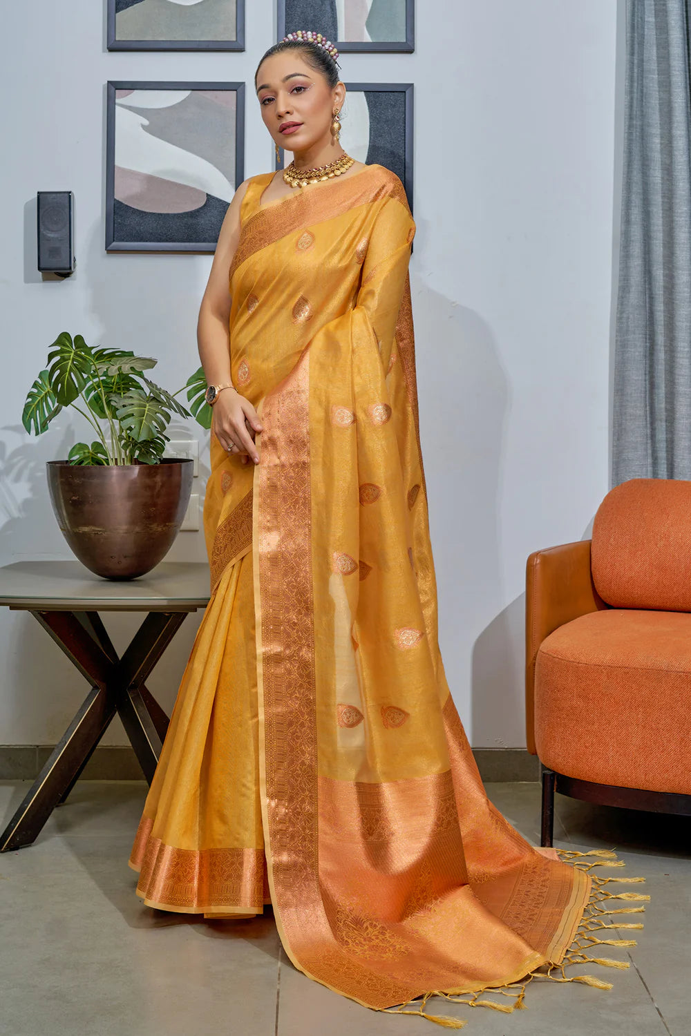 GOLDEN YELLOW TISSUE SILK SAREE WITH COPPER, GOLD AND SILVER ZARI WEAVING