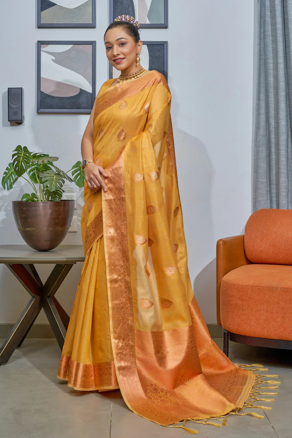 GOLDEN YELLOW TISSUE SILK SAREE WITH COPPER, GOLD AND SILVER ZARI WEAVING