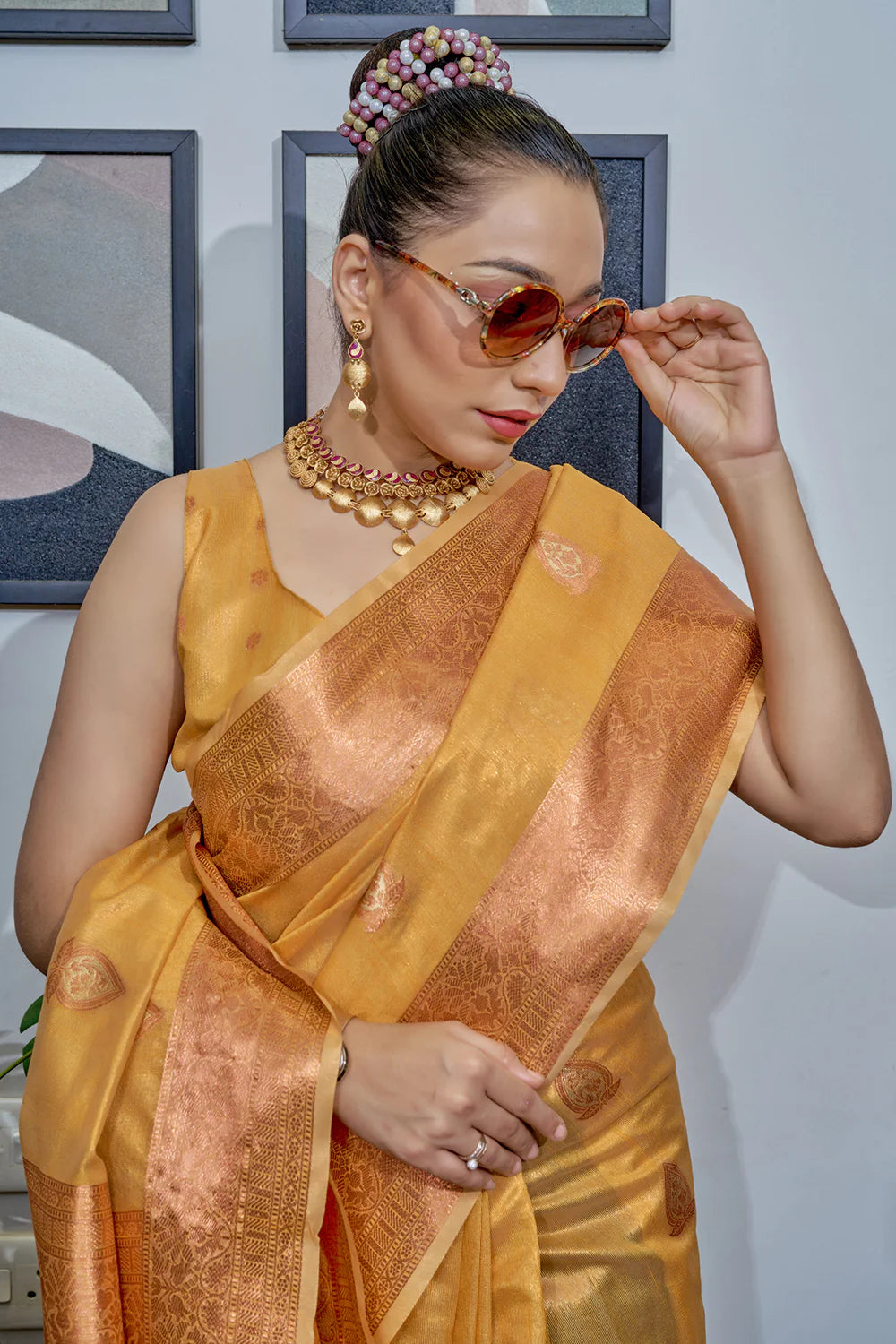 GOLDEN YELLOW TISSUE SILK SAREE WITH COPPER, GOLD AND SILVER ZARI WEAVING