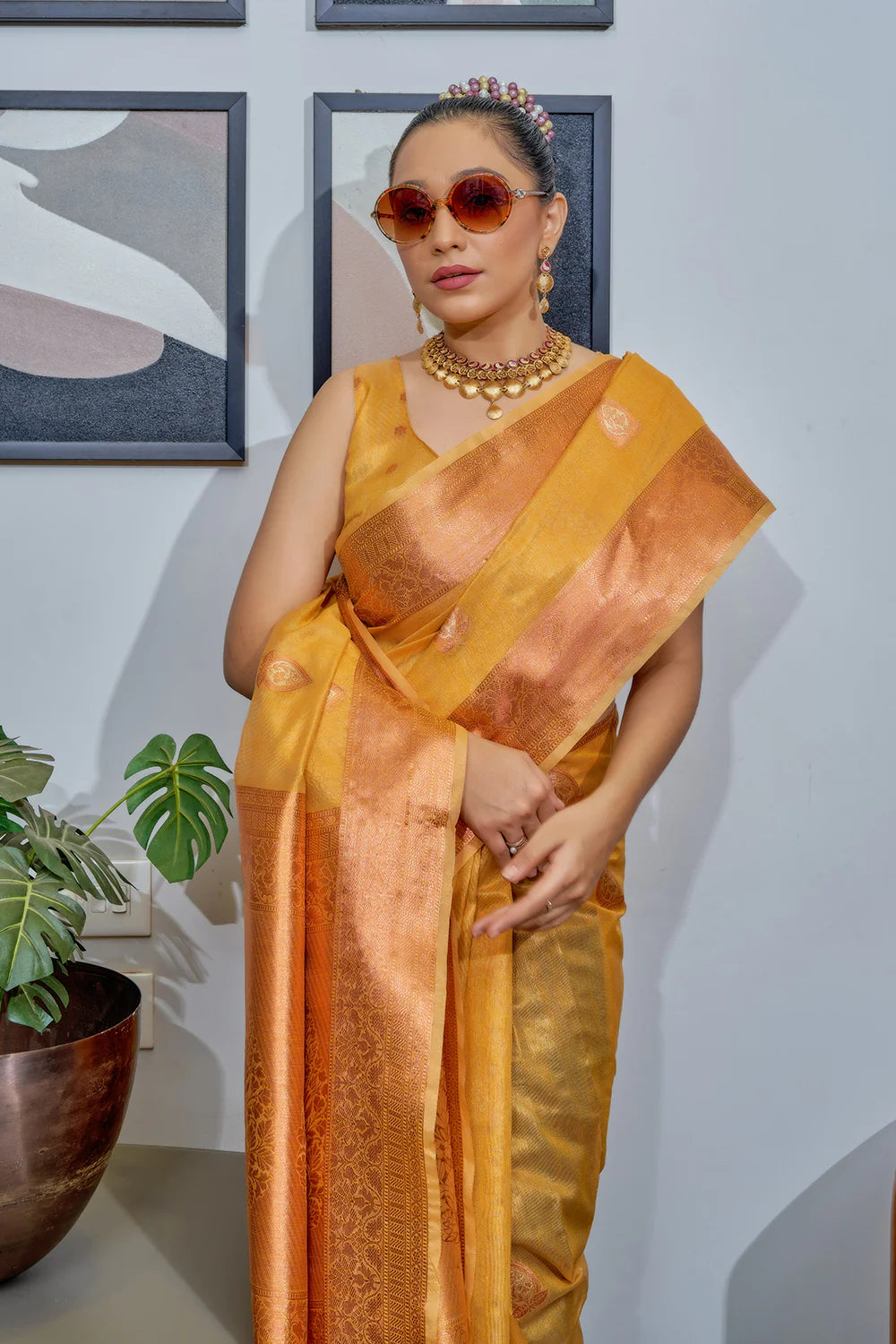 GOLDEN YELLOW TISSUE SILK SAREE WITH COPPER, GOLD AND SILVER ZARI WEAVING