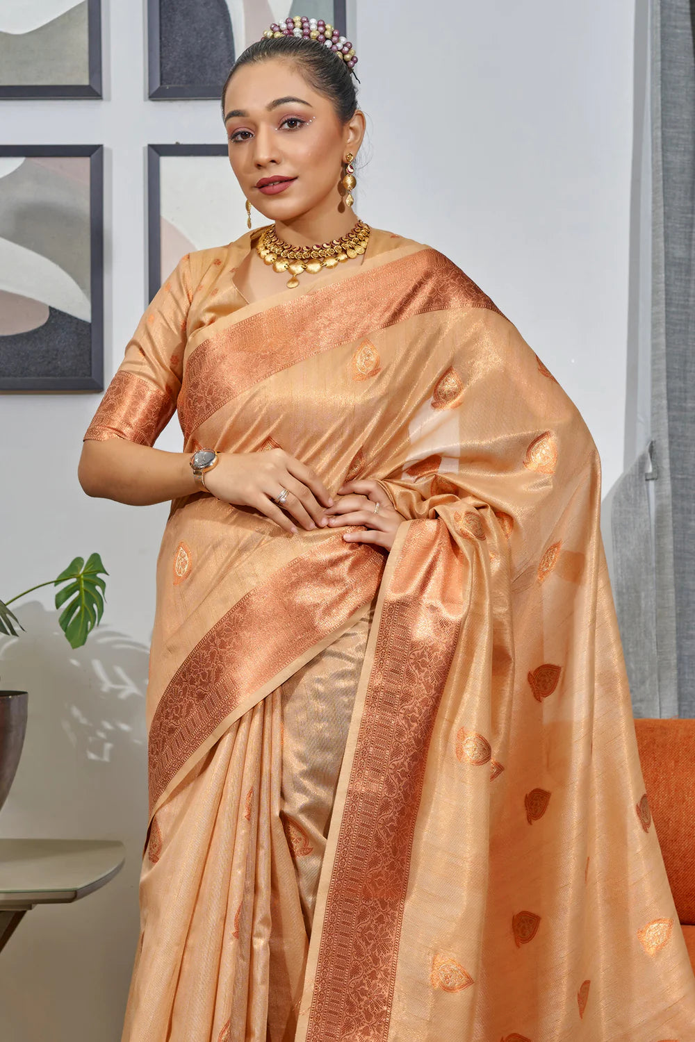 COOKIE BROWN TISSUE SILK SAREE WITH COPPER, GOLD AND SILVER ZARI WEAVING