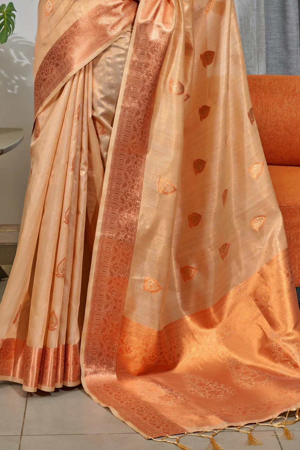 COOKIE BROWN TISSUE SILK SAREE WITH COPPER, GOLD AND SILVER ZARI WEAVING